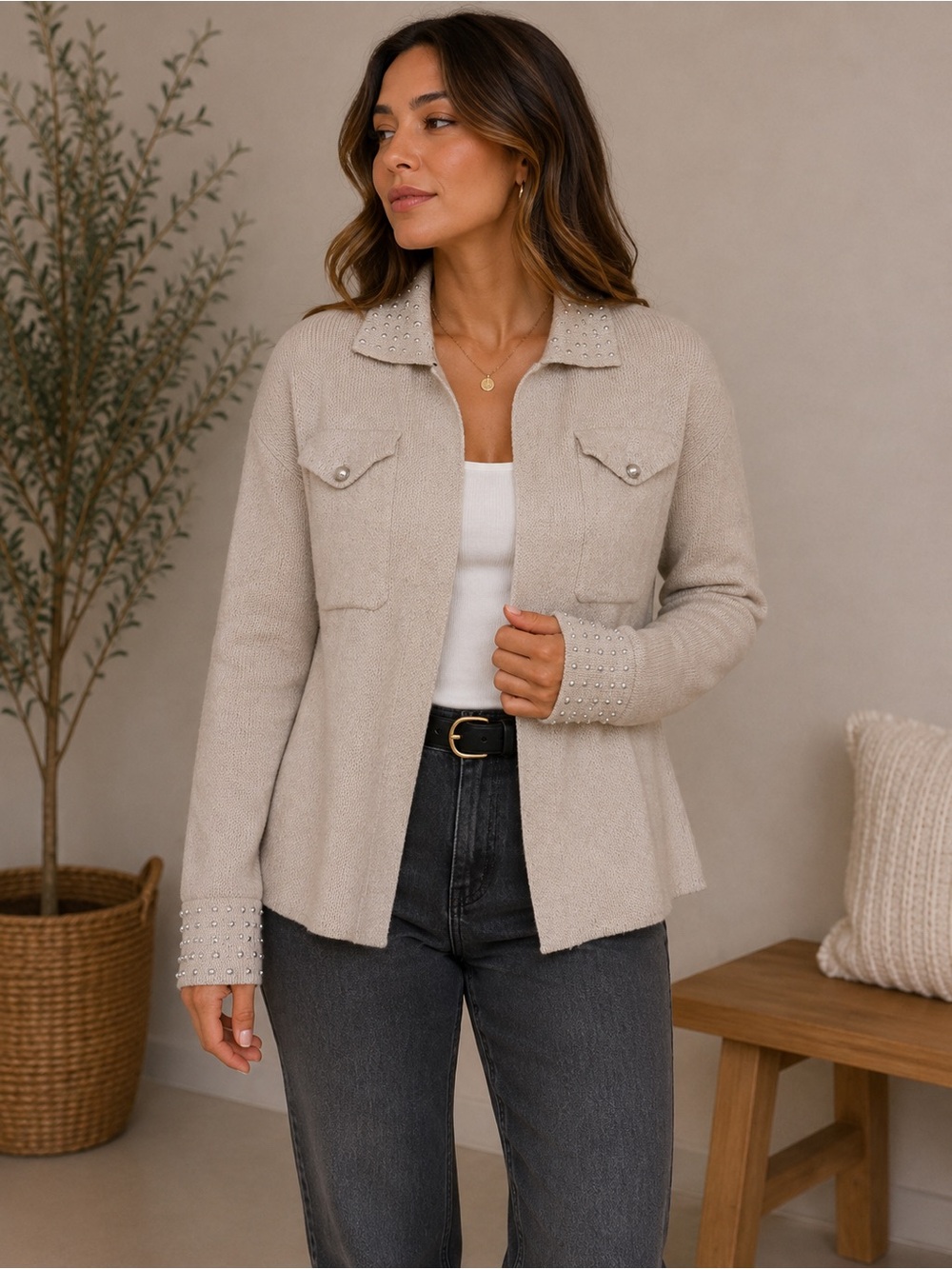 Beaded-Cuff Beige Knit Button-Front Jacket - Women's Neutral Top